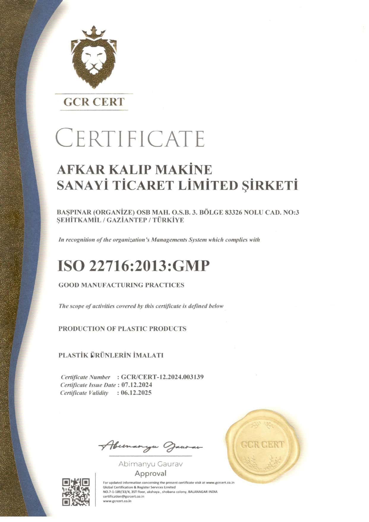 ISO Belge 22716-2013 GMP Afkar ISO Belge 22716-2013 GMP Afkar